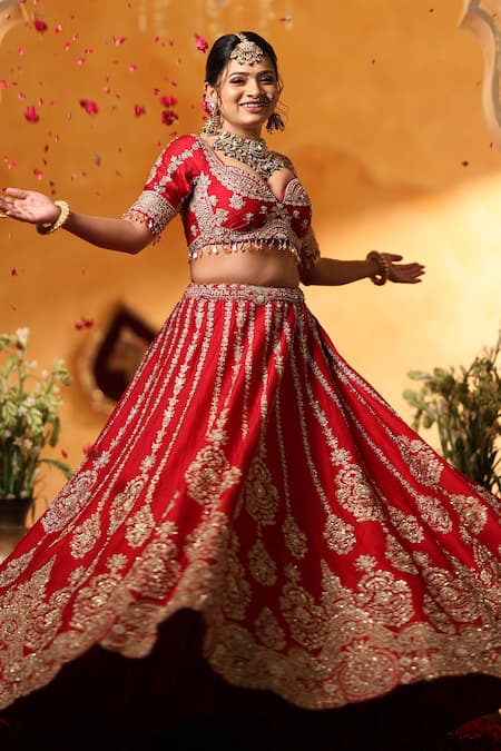 Shop_Mehar_Red Silk Embroidery, Zari Sweetheart Neck Raw Bridal Lehenga Set _Online_at_Aza_Fashions