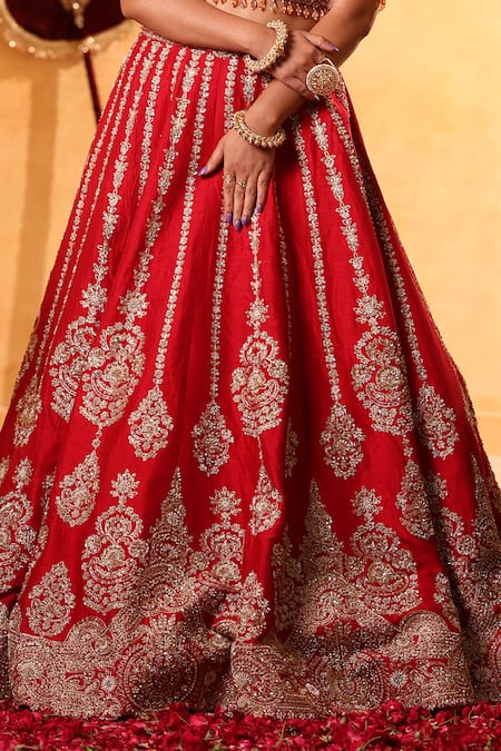 Mehar_Red Silk Embroidery, Zari Sweetheart Neck Raw Bridal Lehenga Set _at_Aza_Fashions