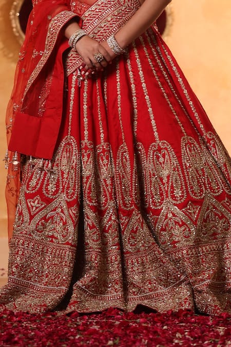 Shop_Mehar_Red Silk Embroidery, Zari, Stones V-neck Raw Bridal Lehenga Set _Online_at_Aza_Fashions