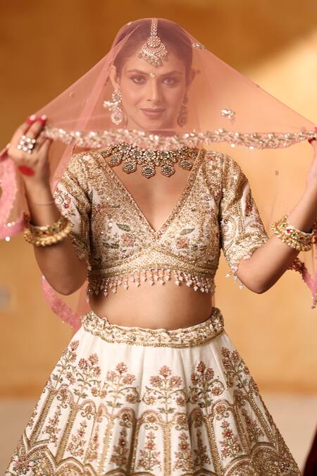 Buy_Mehar_Ivory Silk, Net Zari, Embroidery, Sequins V-neck Bridal Lehenga Set _Online_at_Aza_Fashions