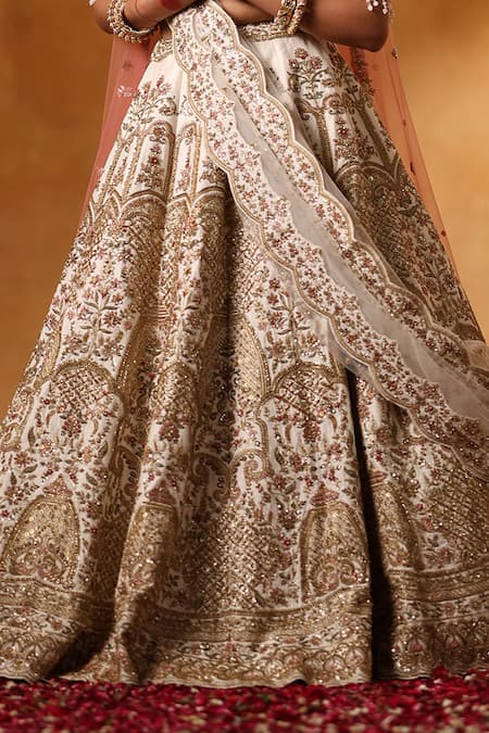 Shop_Mehar_Ivory Silk, Net Zari, Embroidery, Sequins V-neck Bridal Lehenga Set _Online_at_Aza_Fashions