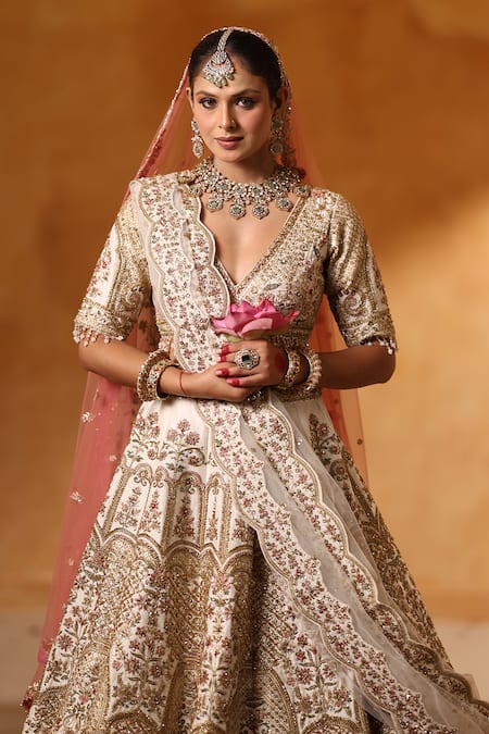 Mehar_Ivory Silk, Net Zari, Embroidery, Sequins V-neck Bridal Lehenga Set _at_Aza_Fashions