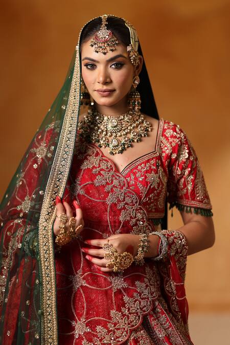 Buy_Mehar_Red Silk, Net Zari, Embroidery Sweetheart Neck Work Bridal Lehenga Set _Online_at_Aza_Fashions