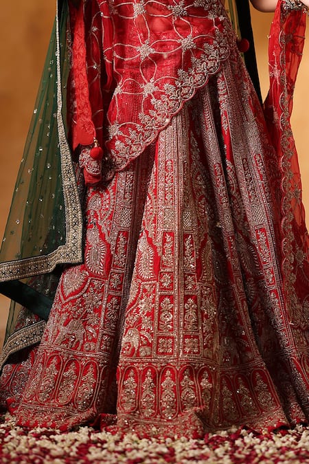 Shop_Mehar_Red Silk, Net Zari, Embroidery Sweetheart Neck Work Bridal Lehenga Set _Online_at_Aza_Fashions