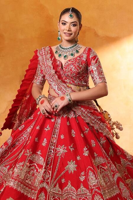 Buy_Mehar_Red Silk Zari, Pearls, Embroidery Round Neck Bridal Lehenga Set _Online_at_Aza_Fashions