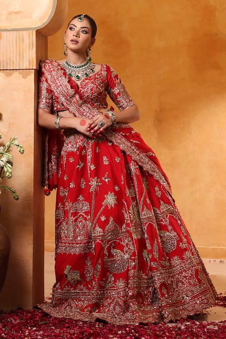 Shop_Mehar_Red Silk Zari, Pearls, Embroidery Round Neck Bridal Lehenga Set _Online_at_Aza_Fashions