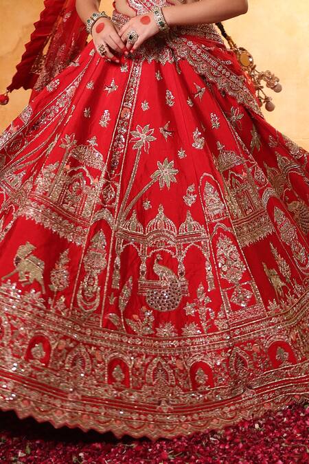 Mehar_Red Silk Zari, Pearls, Embroidery Round Neck Bridal Lehenga Set _at_Aza_Fashions