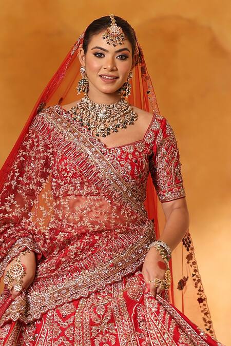 Buy_Mehar_Red Silk Zari, Sequins, Embroidery Sweetheart Neck Scarlet Bridal Lehenga Set _Online_at_Aza_Fashions