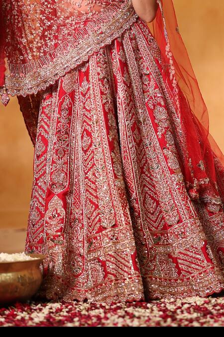 Shop_Mehar_Red Silk Zari, Sequins, Embroidery Sweetheart Neck Scarlet Bridal Lehenga Set _Online_at_Aza_Fashions
