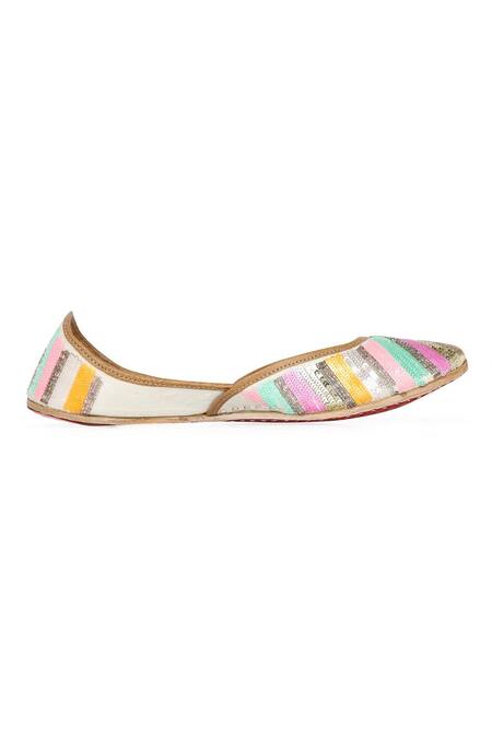 NR By Nidhi Rathi_Multi Color Sequined Striped Leather Jutti _Online_at_Aza_Fashions