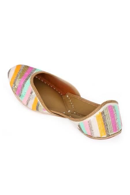 Shop_NR By Nidhi Rathi_Multi Color Sequined Striped Leather Jutti _Online_at_Aza_Fashions