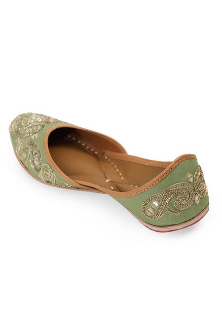 Shop_NR By Nidhi Rathi_Green Embroidered And Mirror Work Jutti _Online_at_Aza_Fashions