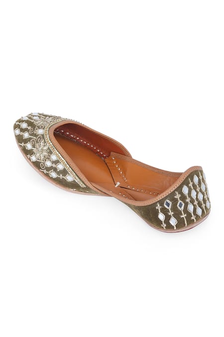 Buy_NR By Nidhi Rathi_Olive Green Mirror And Zari Embroidered Jutti _Online_at_Aza_Fashions