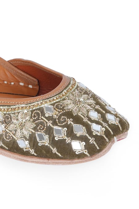 NR By Nidhi Rathi_Olive Green Mirror And Zari Embroidered Jutti _at_Aza_Fashions