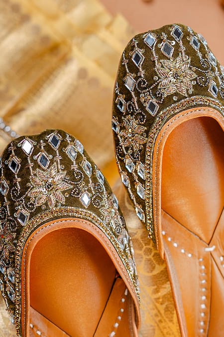 Shop_NR By Nidhi Rathi_Olive Green Mirror And Zari Embroidered Jutti 
