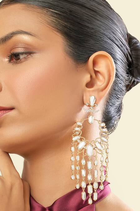 Buy_Isharya_Gold Plated Mirrors, Crystals 18kt Lisboa Statement Moon Baali Earrings _Online_at_Aza_Fashions