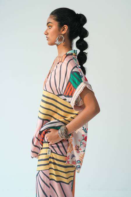 Beachbum_Multi Color Viscose, Shantoon Beads, Embroidery V-neck, Printed Top And Pant Set _Online_at_Aza_Fashions