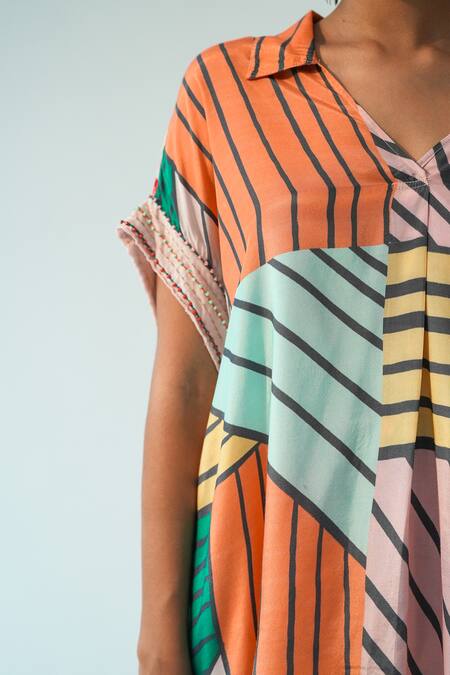 Shop_Beachbum_Multi Color Viscose, Shantoon Beads, Embroidery V-neck, Printed Top And Pant Set _Online_at_Aza_Fashions