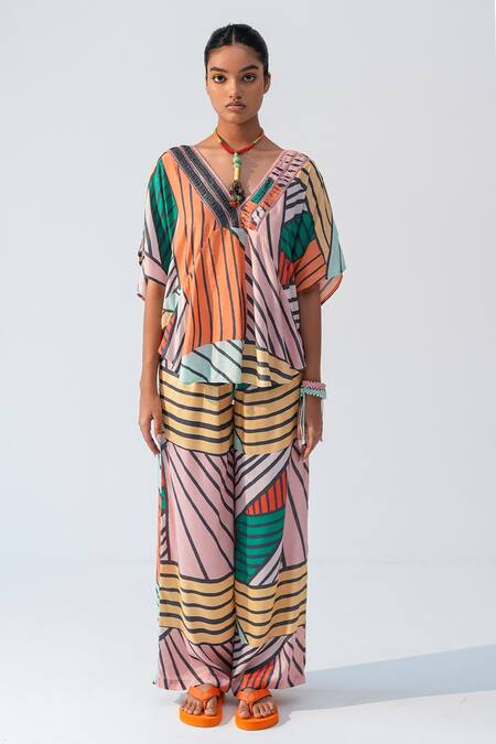 Beachbum_Multi Color Viscose, Shantoon V-neck Geometric Print Top And Pant Set _Online_at_Aza_Fashions