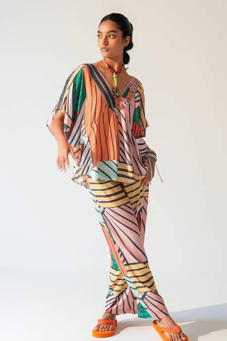 Beachbum_Multi Color Viscose, Shantoon V-neck Geometric Print Top And Pant Set _at_Aza_Fashions