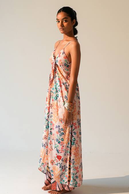 Beachbum_Peach Viscose, Shantoon V-neck Floral Print Maxi Dress _Online_at_Aza_Fashions