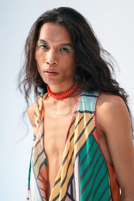 Beachbum_Multi Color Viscose Geometric Print Santoon Vest And Pant Set _at_Aza_Fashions