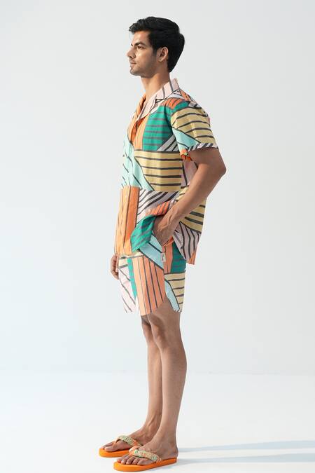 Beachbum_Multi Color Cotton, Cambric, Poplin Geometric Striped Shirt And Shorts Set _Online_at_Aza_Fashions