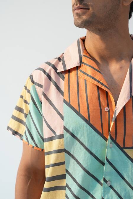 Buy_Beachbum_Multi Color Cotton, Cambric, Poplin Geometric Striped Shirt And Shorts Set _Online_at_Aza_Fashions
