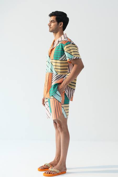 Shop_Beachbum_Multi Color Cotton, Cambric, Poplin Geometric Striped Shirt And Shorts Set _Online_at_Aza_Fashions