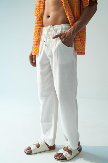 Beachbum_White Cotton, Linen Drawstring Pant _at_Aza_Fashions