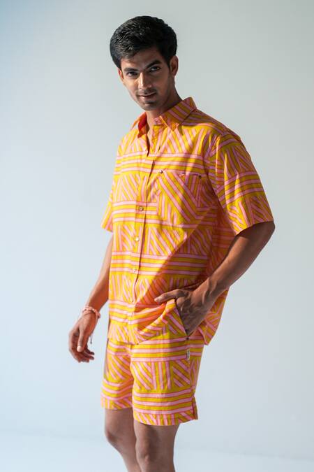 Buy_Beachbum_Pink Cotton Geometric Stripe Shirt And Shorts Set _Online_at_Aza_Fashions