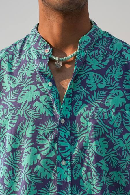 Shop_Beachbum_Blue Cotton Leaf Print Shirt And Shorts Set _Online_at_Aza_Fashions