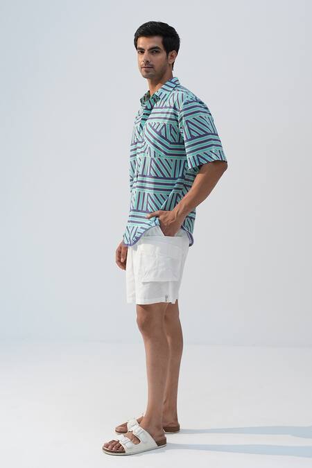 Beachbum_Blue Cotton Geometric Printed Shirt And Shorts Set _Online_at_Aza_Fashions