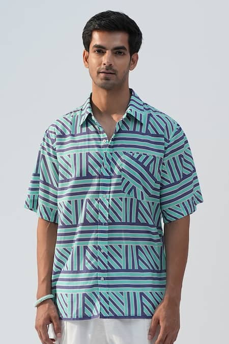 Shop_Beachbum_Blue Cotton Geometric Printed Shirt And Shorts Set _Online_at_Aza_Fashions