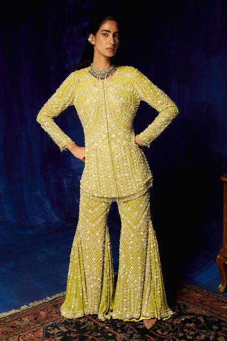 Mani Bhatia_Yellow Chiffon Sequins, Pearls, Beads, Poppy And Cutdana Kurta Gharara Set _Online_at_Aza_Fashions