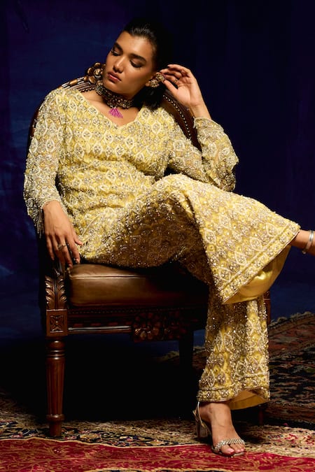 Mani Bhatia_Yellow Net Sequins, Stones, Feathers, Beads, Sia And Cutdana Jacket Pant Set _Online_at_Aza_Fashions