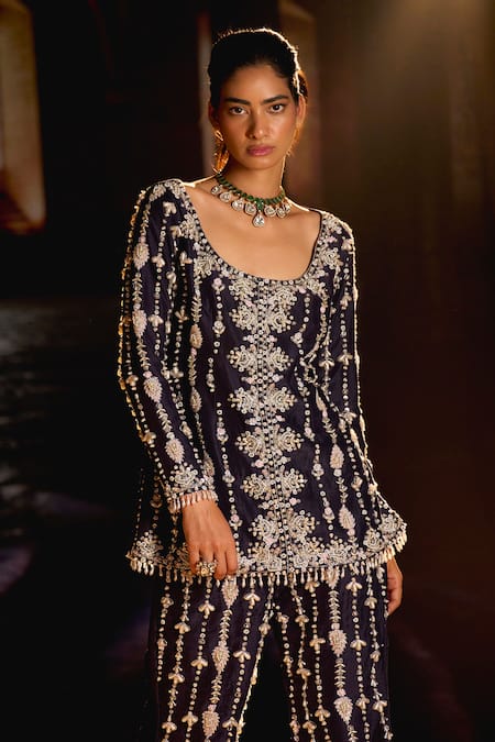 Buy_Mani Bhatia_Navy Dupion Pearls, Sequins Scoop Neck Zuri Embroidered Silk Jacket And Pant Set _Online_at_Aza_Fashions