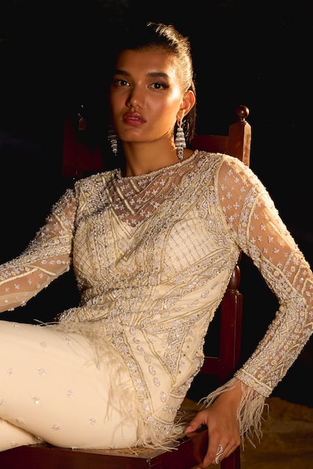 Mani Bhatia_Ivory Net Pearls, Sequins, Embroidery Round Fleur Kurta, Palazzo And Dupatta Set _Online_at_Aza_Fashions