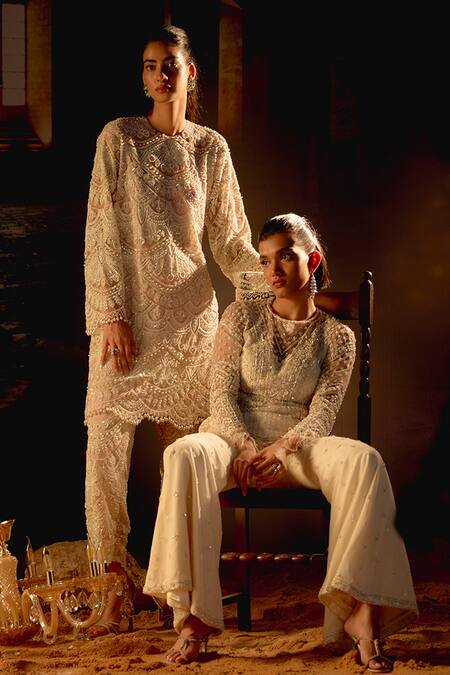 Buy_Mani Bhatia_Ivory Net Pearls, Sequins, Embroidery Round Fleur Kurta, Palazzo And Dupatta Set _Online_at_Aza_Fashions