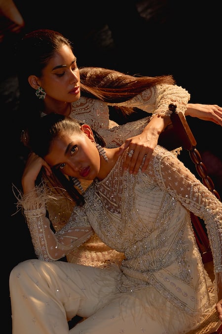 Shop_Mani Bhatia_Ivory Net Pearls, Sequins, Embroidery Round Fleur Kurta, Palazzo And Dupatta Set _Online_at_Aza_Fashions