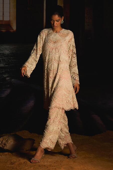 Mani Bhatia_Pink Crepe, Organza Pearls, Sequins, Meline And Cutdana Tunic Salwar Set _Online_at_Aza_Fashions