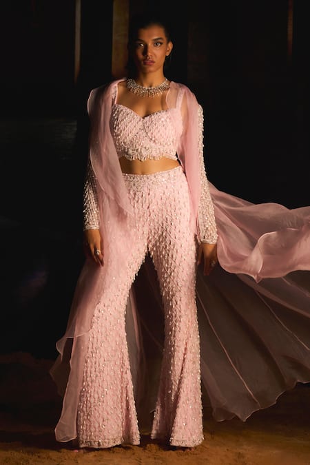Mani Bhatia_Pink Chiffon, Organza Pearls, Rosalee Pearl, And Cutdana Embroidered Pant Set _Online_at_Aza_Fashions