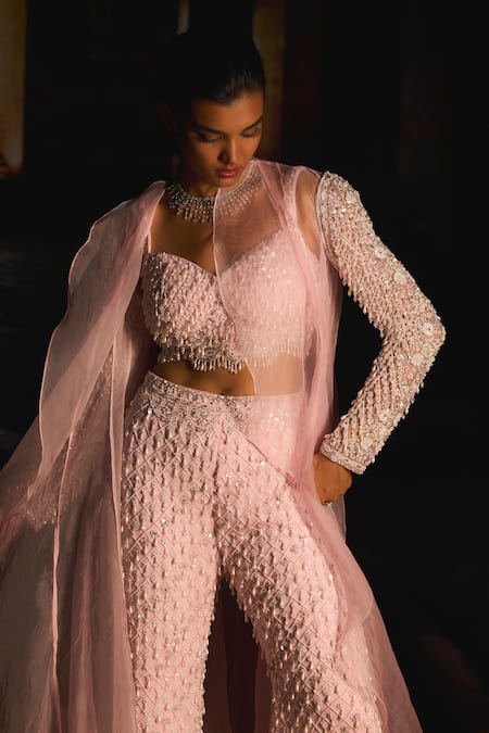 Shop_Mani Bhatia_Pink Chiffon, Organza Pearls, Rosalee Pearl, And Cutdana Embroidered Pant Set _Online_at_Aza_Fashions