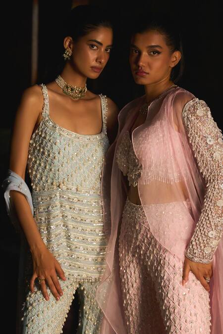 Mani Bhatia_Pink Chiffon, Organza Pearls, Rosalee Pearl, And Cutdana Embroidered Pant Set _at_Aza_Fashions