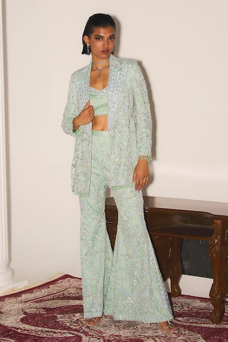 Buy_Mani Bhatia_Mint Organza, Crepe Pearls, Sequins, Crystals, Jolie Jacket, Bustier And Sharara _Online_at_Aza_Fashions
