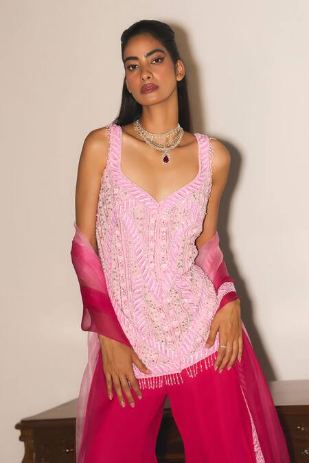 Mani Bhatia_Pink Crepe, Organza Pearls, Sequins, Cher And Embroidered Kurta Sharara Set _Online_at_Aza_Fashions