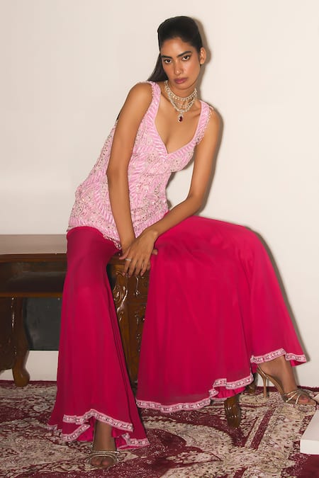 Buy_Mani Bhatia_Pink Crepe, Organza Pearls, Sequins, Cher And Embroidered Kurta Sharara Set _Online_at_Aza_Fashions