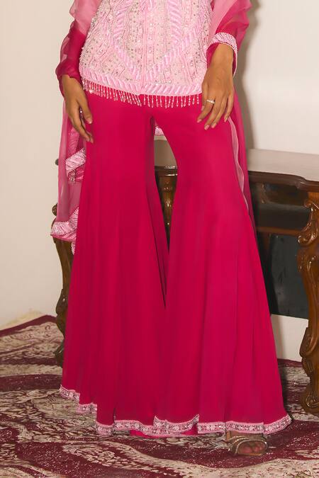 Shop_Mani Bhatia_Pink Crepe, Organza Pearls, Sequins, Cher And Embroidered Kurta Sharara Set _Online_at_Aza_Fashions