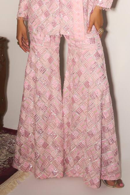 Buy_Mani Bhatia_Pink Crepe Embroidery, Sequins, Pearls Giselle Resham And Jacket Sharara Set _Online_at_Aza_Fashions