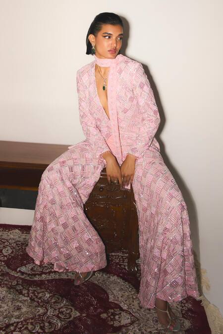 Shop_Mani Bhatia_Pink Crepe Embroidery, Sequins, Pearls Giselle Resham And Jacket Sharara Set _Online_at_Aza_Fashions